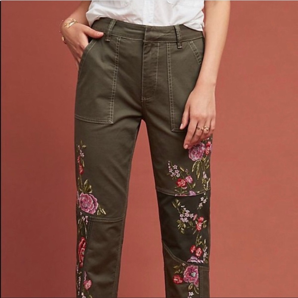Anthropologie Green Khaki Embroidered Pants - Picture 4 of 11